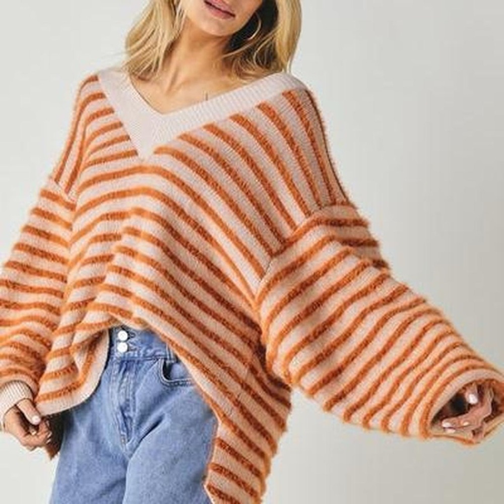 Cozy Striped V-Neck Sweater - Orange and Cream